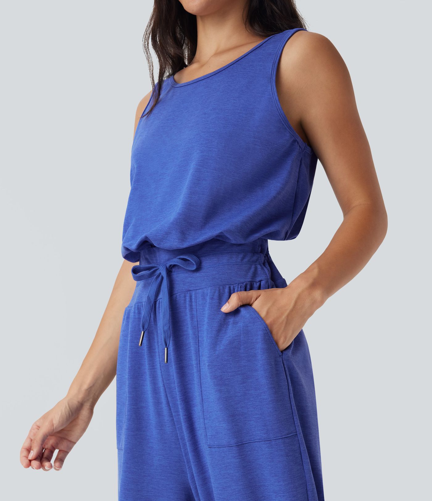 Sleeveless Cut Out Drawstring Yoga Jumpsuit with Pockets