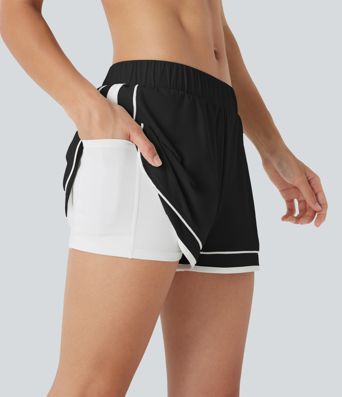Low Rise Color Block Curved Hem 2-in-1 Cool Touch Quick Dry Running Shorts with Pocket