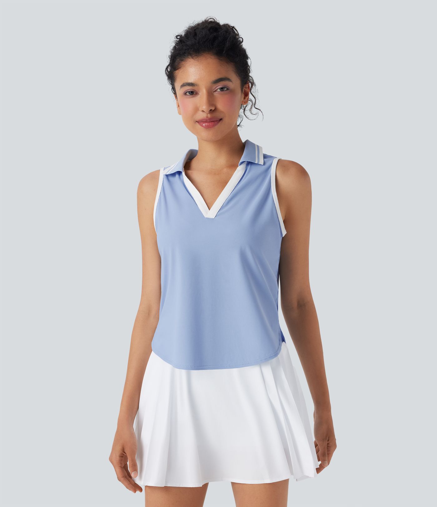 Color Block Polo V Neck Sleeveless Quick Dry Casual Top-UPF50+