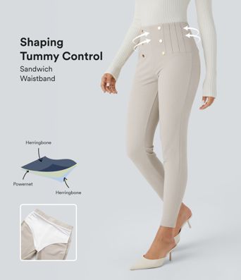 High Waisted Tummy Control Decorative Back Zipper Pockets Herringbone Work Leggings