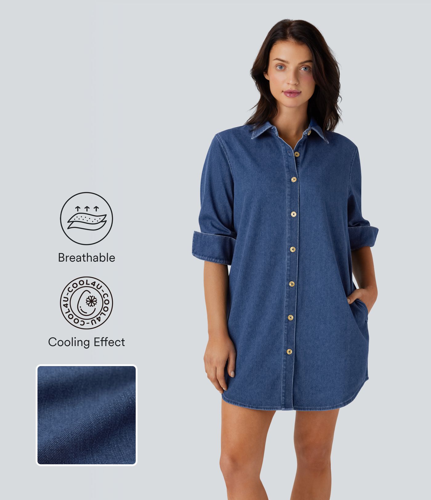 Halara Flex™ Curved Hem Relax Mini Cool Touch Denim Casual Shirt Dress with Pockets