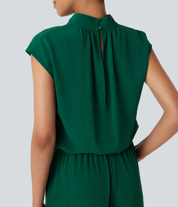 Mock Neck Keyhole Back Cap Sleeve Wide Leg Work Jumpsuit with Side Pockets