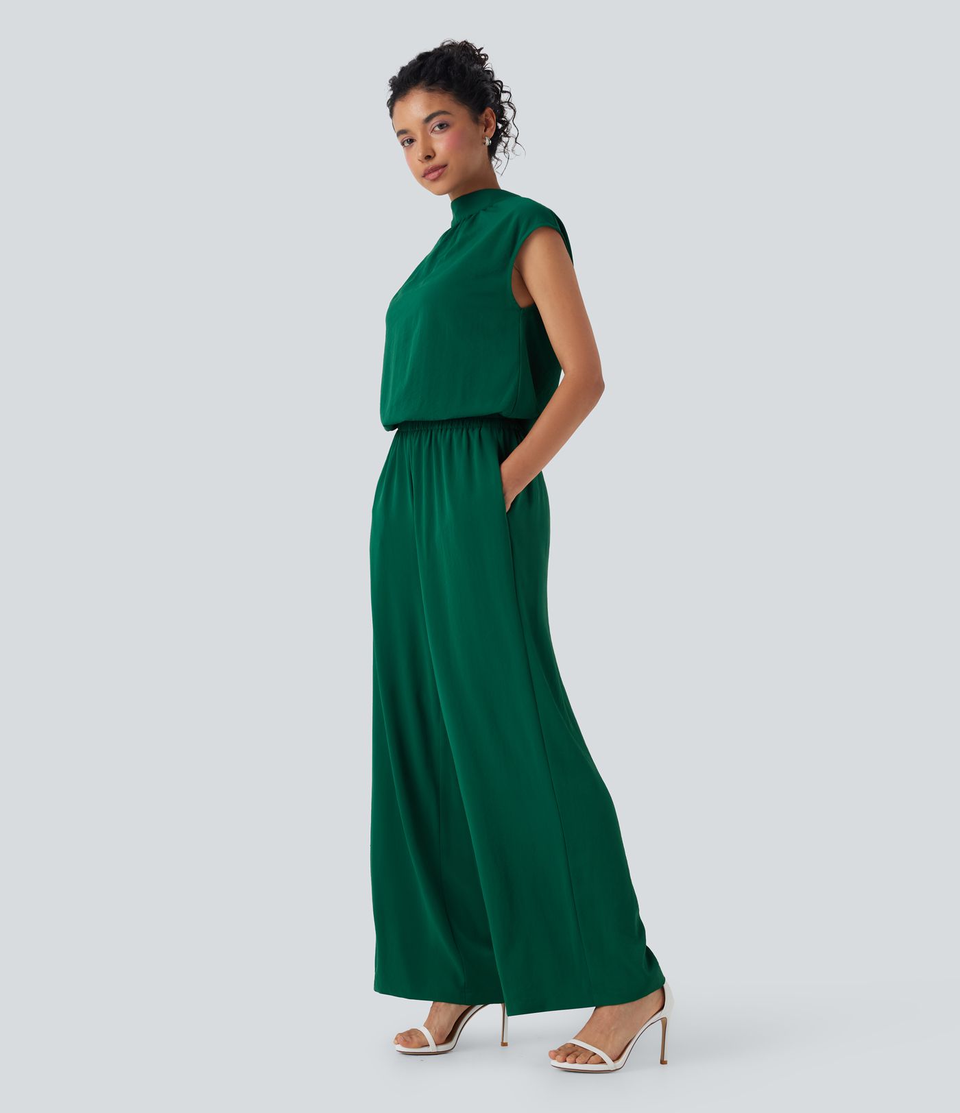 Mock Neck Keyhole Back Cap Sleeve Wide Leg Work Jumpsuit with Pockets