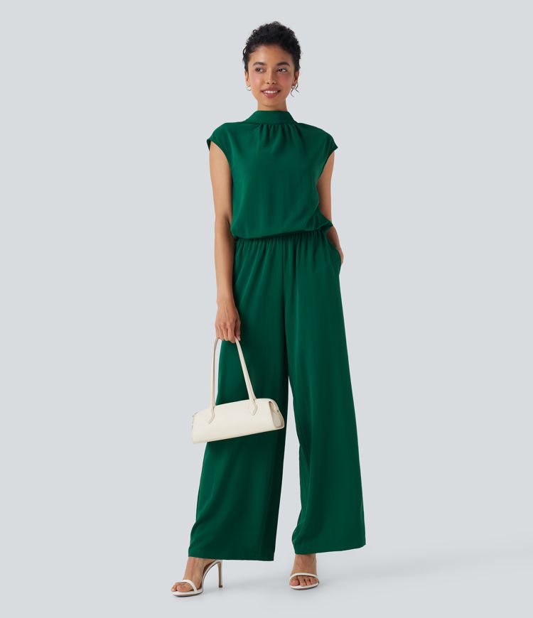 Mock Neck Keyhole Back Cap Sleeve Wide Leg Work Jumpsuit with Pockets