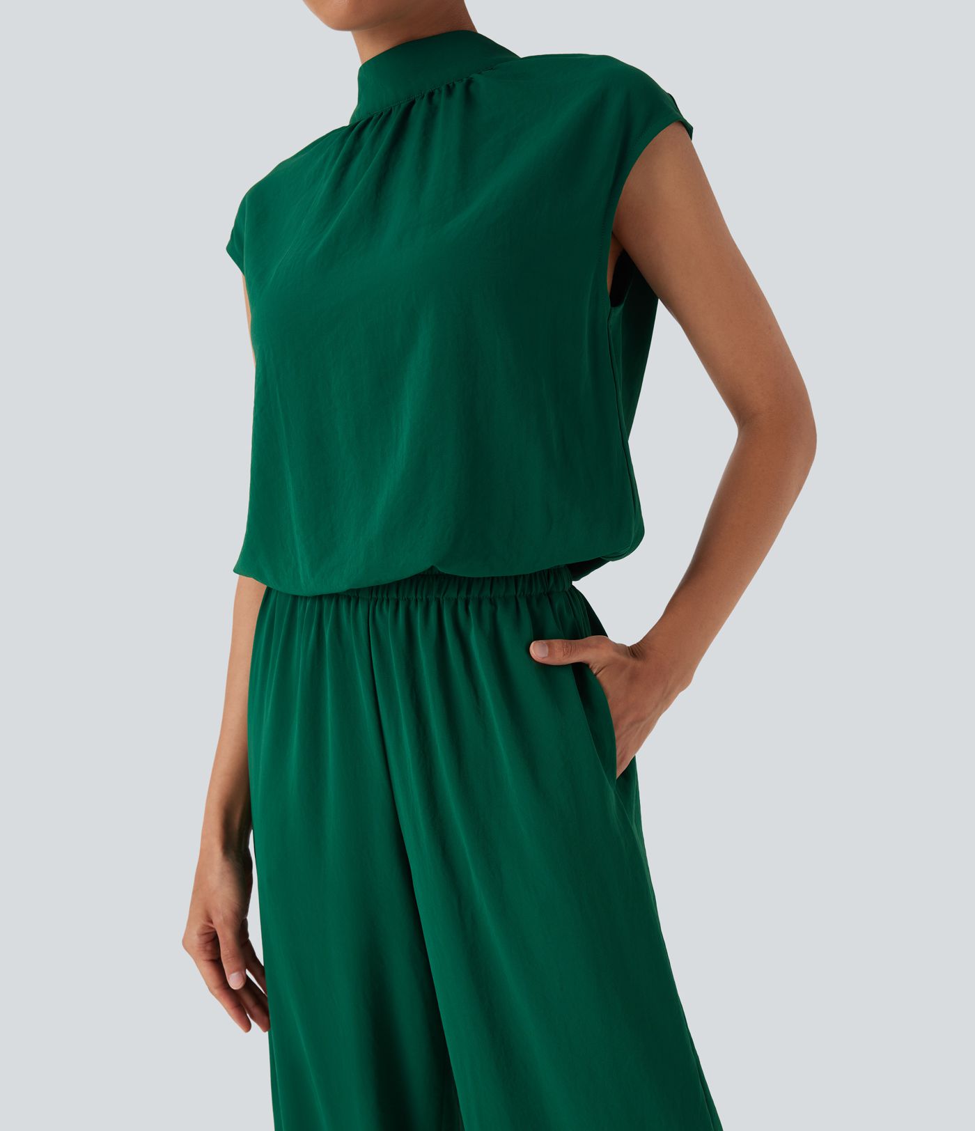 Mock Neck Keyhole Back Cap Sleeve Wide Leg Work Jumpsuit with Pockets