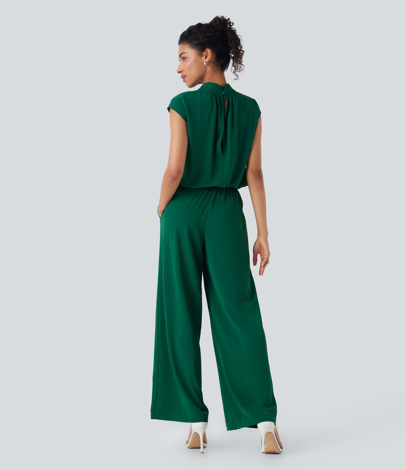 Mock Neck Keyhole Back Cap Sleeve Wide Leg Work Jumpsuit with Pockets