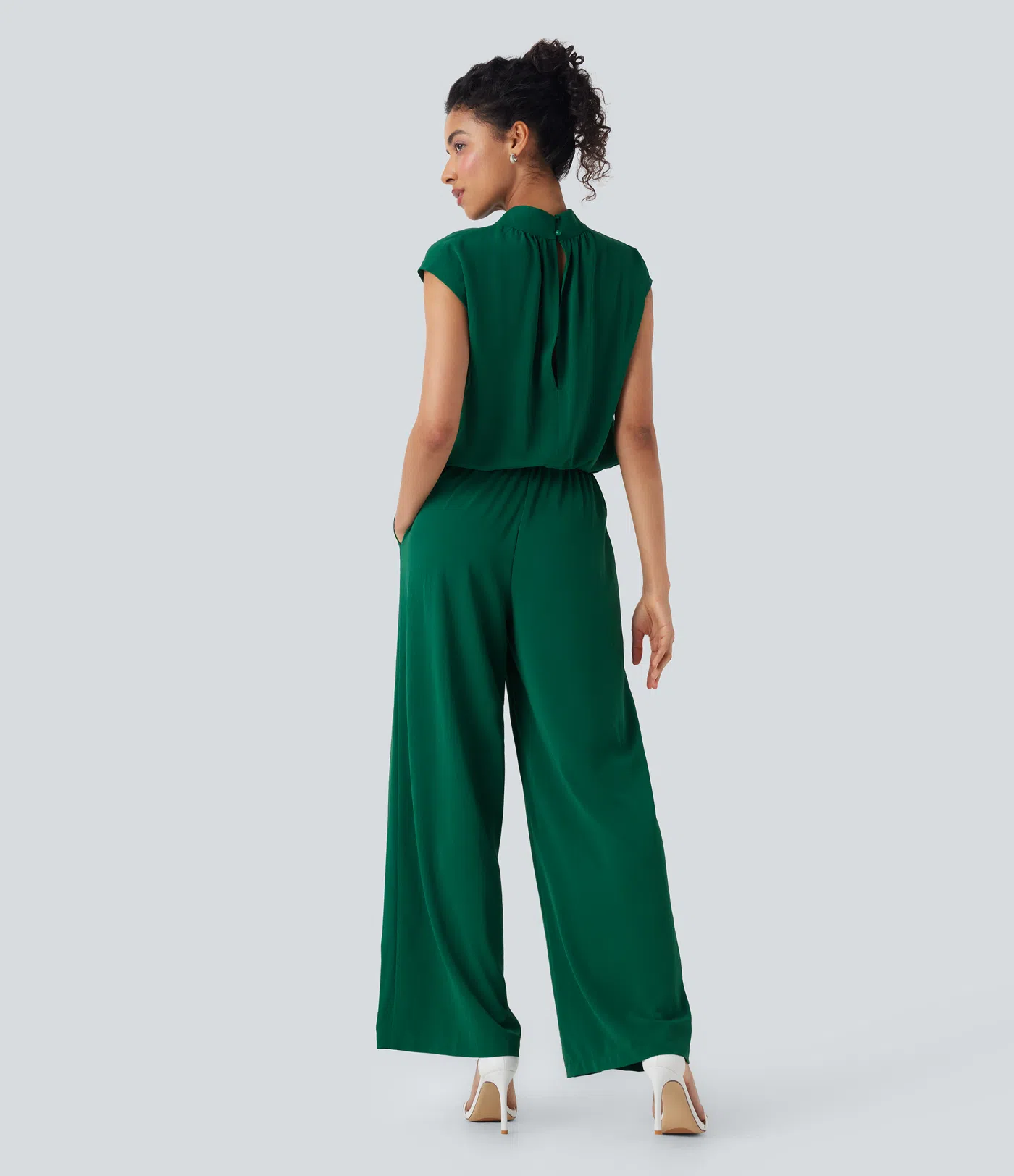 Mock Neck Keyhole Back Cap Sleeve Wide Leg Work Jumpsuit with Side Pockets