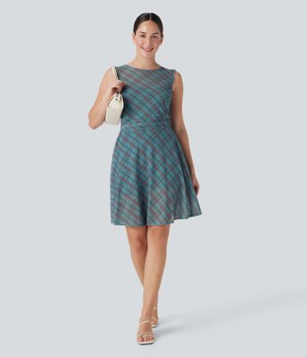 Sleeveless Plaid Contrast Mesh 2-in-1 Mini Casual Dress with Pocket