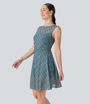 Sleeveless Plaid Contrast Mesh 2-in-1 Mini Casual Dress with Pocket