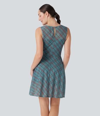 Sleeveless Plaid Contrast Mesh 2-in-1 Mini Casual Dress with Pocket