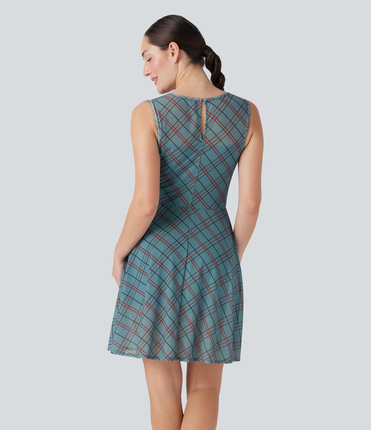 Sleeveless Plaid Contrast Mesh 2-in-1 Mini Casual Dress with Pocket