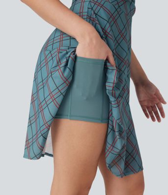 Sleeveless Plaid Contrast Mesh 2-in-1 Mini Casual Dress with Pocket