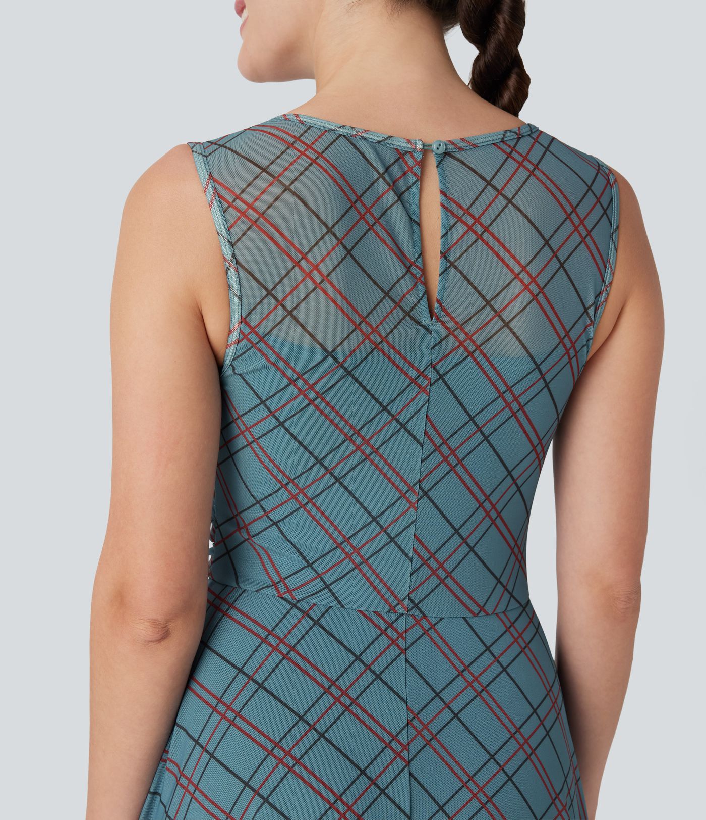 Sleeveless Plaid Contrast Mesh 2-in-1 Mini Casual Dress with Pocket