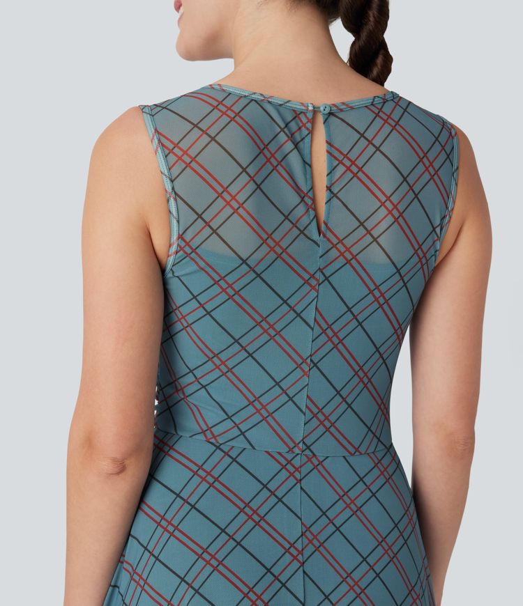 Sleeveless Plaid Contrast Mesh 2-in-1 Mini Casual Dress with Pocket