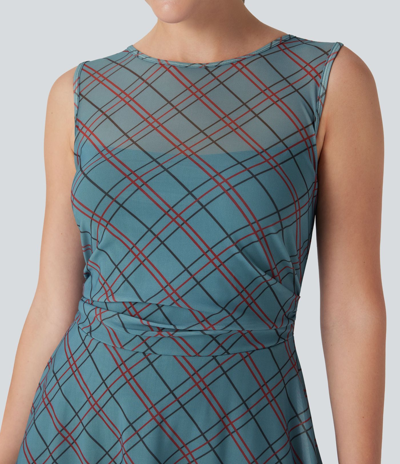 Sleeveless Plaid Contrast Mesh 2-in-1 Mini Casual Dress with Pocket