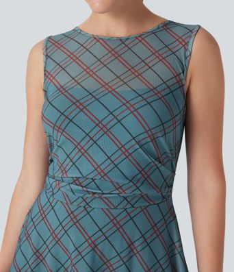 Sleeveless Plaid Contrast Mesh 2-in-1 Mini Casual Dress with Pocket