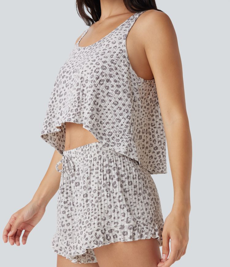 Leopardmönstrad Lounge Linne med Scoopringning och Hög-Låg Design