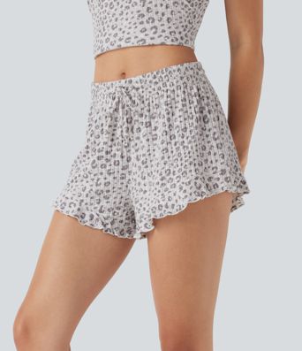 Mittlere Loungehose mit Kordelzug und Rüschensaum im Leopardenmuster Mittlere Loungehose mit Kordelzug und Rüschensaum im Leopardenmuster