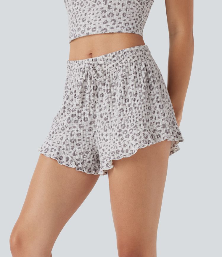 Mittlere Loungehose mit Kordelzug und Rüschensaum im Leopardenmuster Mittlere Loungehose mit Kordelzug und Rüschensaum im Leopardenmuster