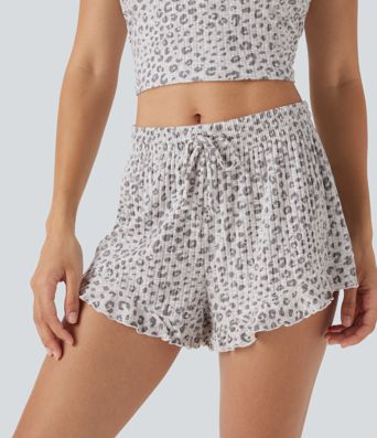 Mittlere Loungehose mit Kordelzug und Rüschensaum im Leopardenmuster Mittlere Loungehose mit Kordelzug und Rüschensaum im Leopardenmuster