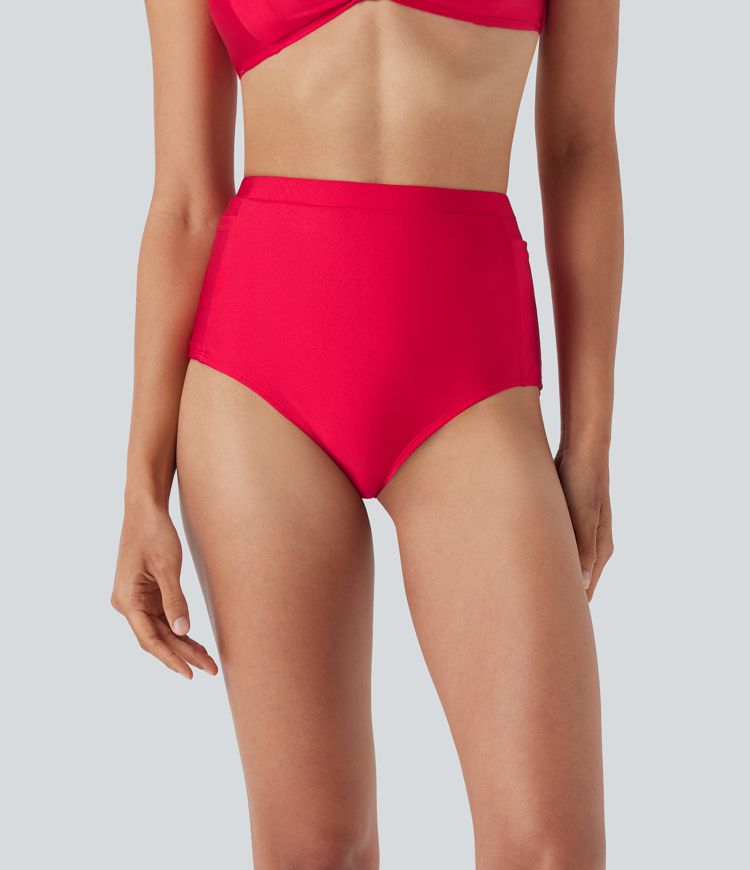 High Waisted Tummy Control Sheen Bikini Bottom Swimsuit with Pockets