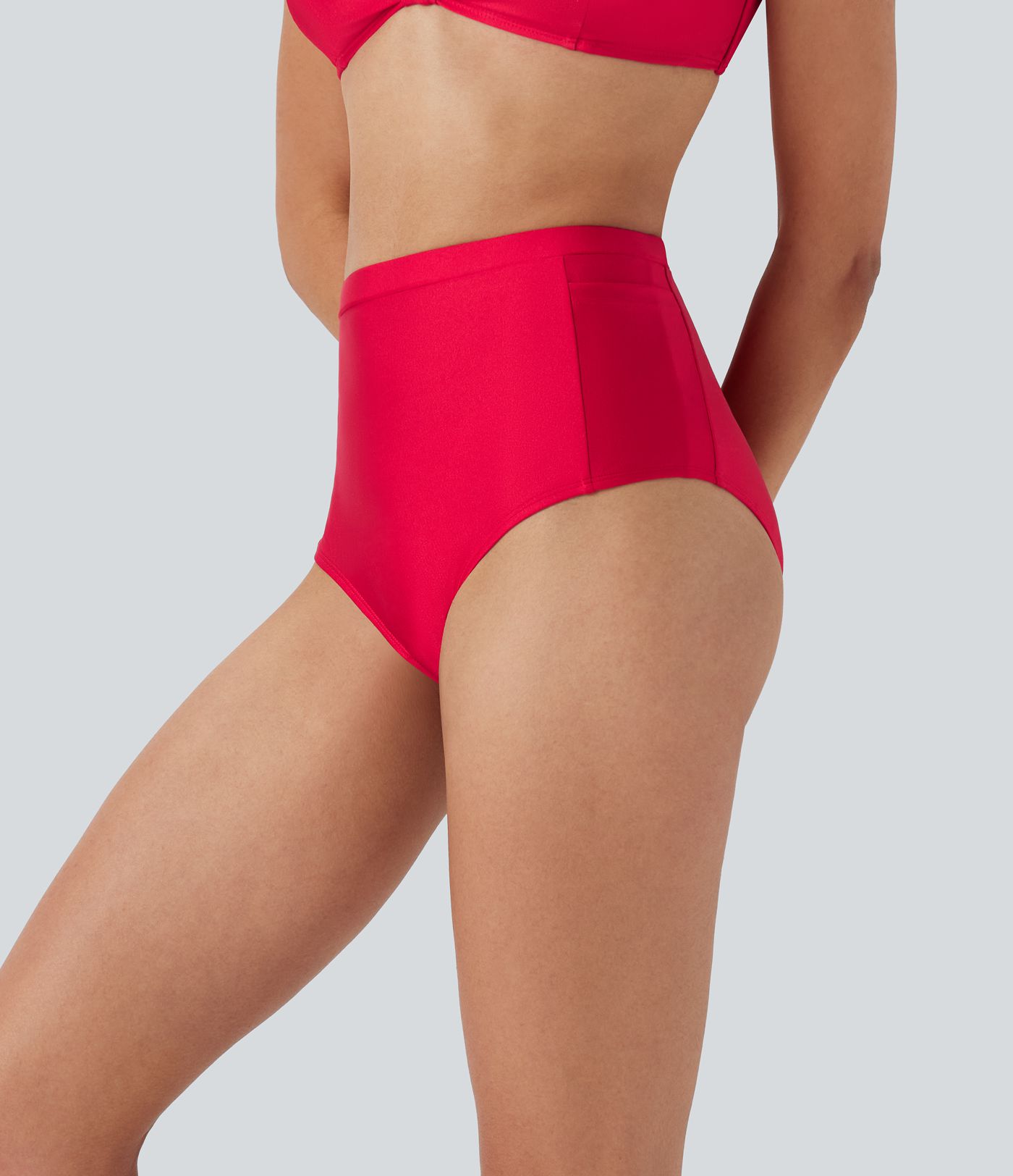 High Waisted Tummy Control Sheen Bikini Bottom Swimsuit with Pockets