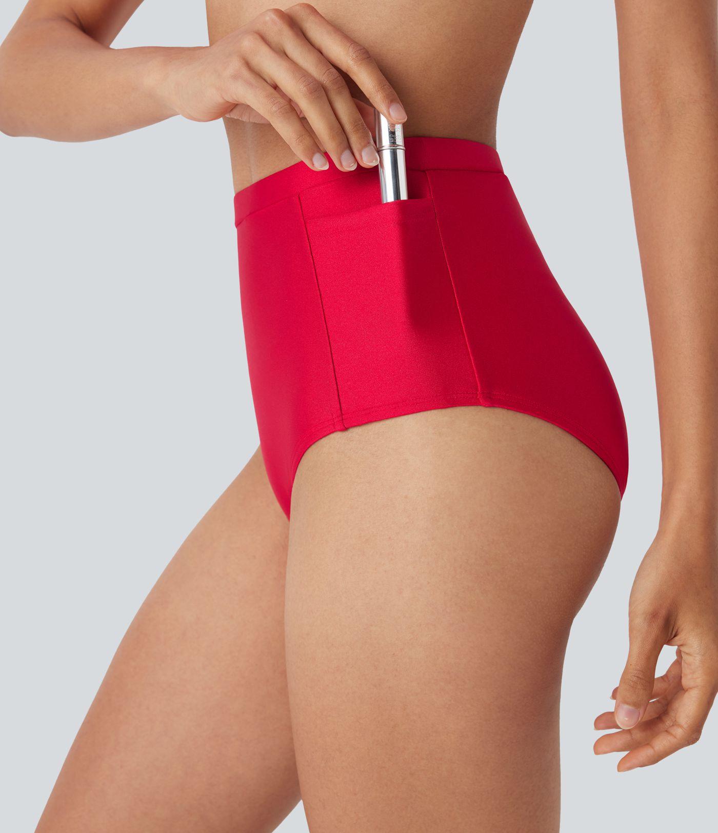 High Waisted Tummy Control Sheen Bikini Bottom Swimsuit with Pockets