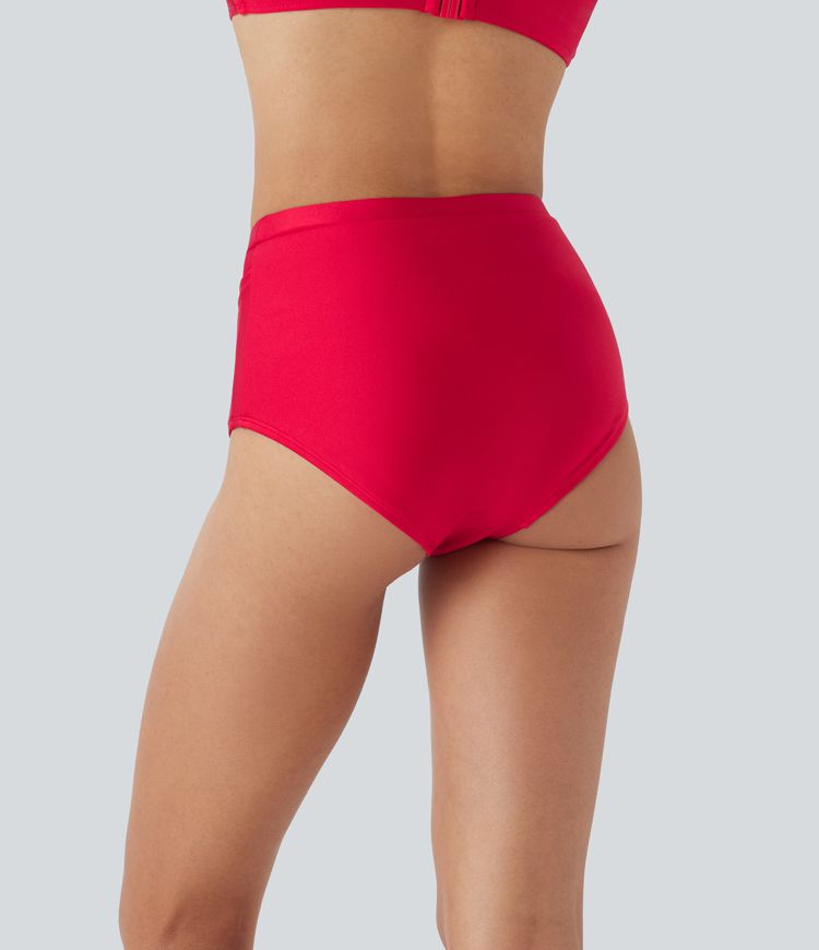 High Waisted Tummy Control Sheen Bikini Bottom Swimsuit with Pockets