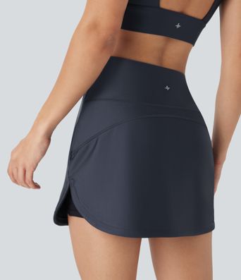 High Waisted Tummy Control Butt Lifting Curved Hem 2-in-1 Sheen Yoga Skirt with Pockets