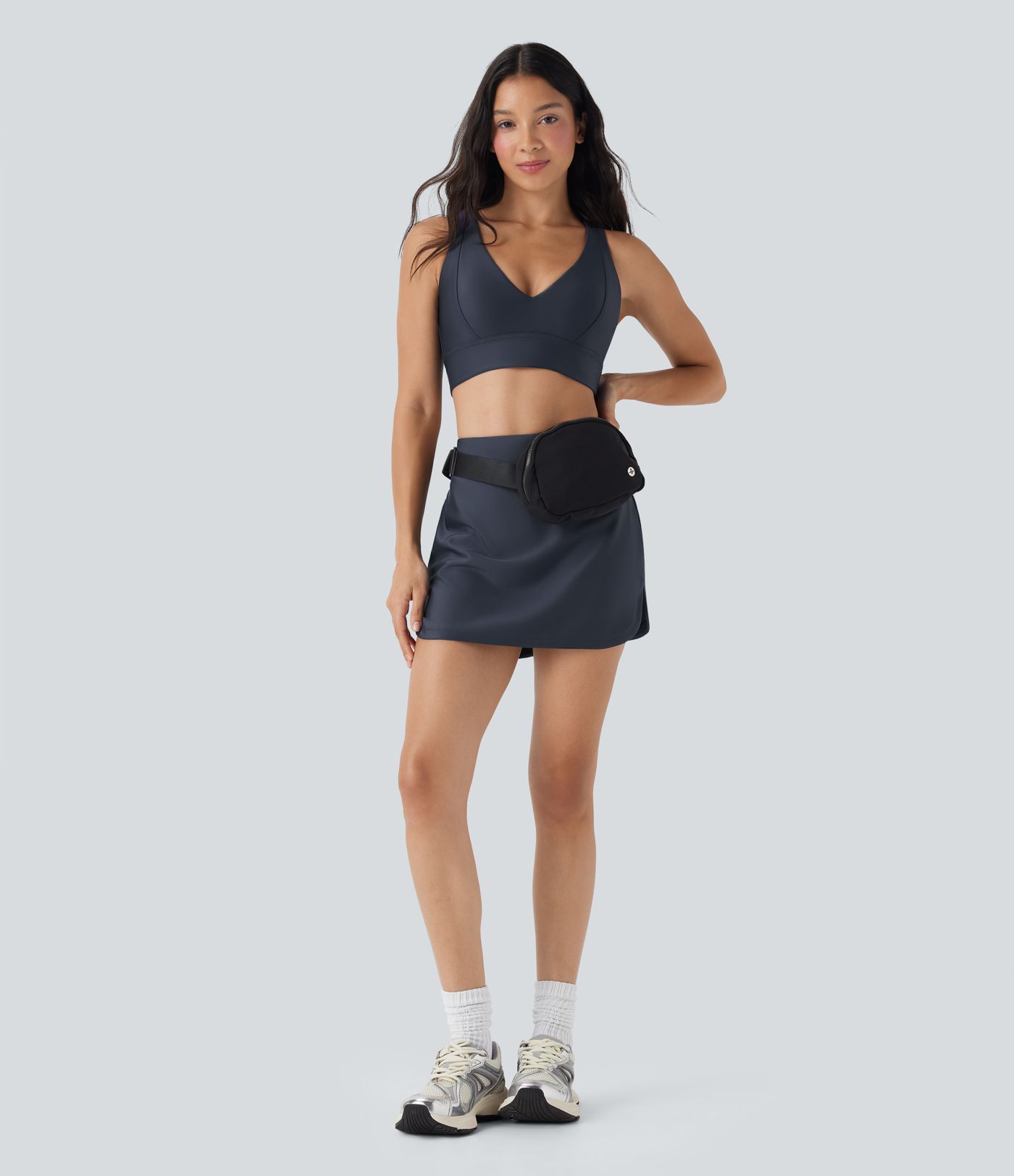 High Waisted Tummy Control Butt Lifting Curved Hem 2-in-1 Sheen Yoga Skirt with Pockets