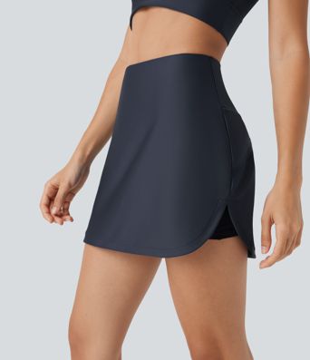High Waisted Tummy Control Butt Lifting Curved Hem 2-in-1 Sheen Yoga Skirt with Pockets