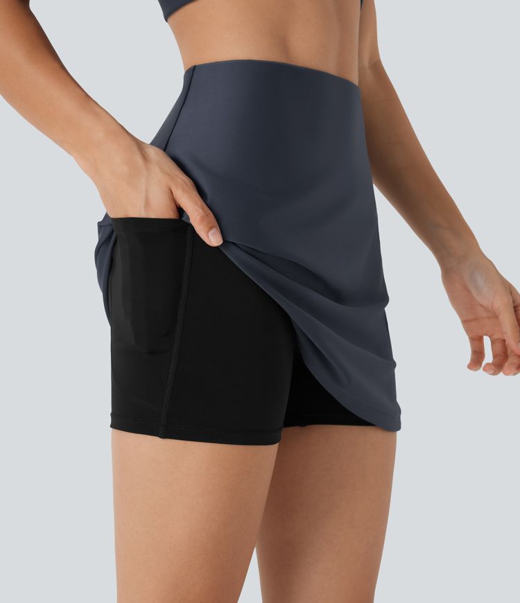 High Waisted Tummy Control Butt Lifting Curved Hem 2-in-1 Sheen Yoga Skirt with Pockets
