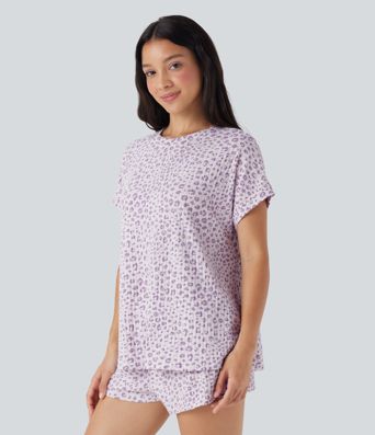 Lounge-Top mit Rundhalsausschnitt, kurzen Ärmeln und Leopardenmuster