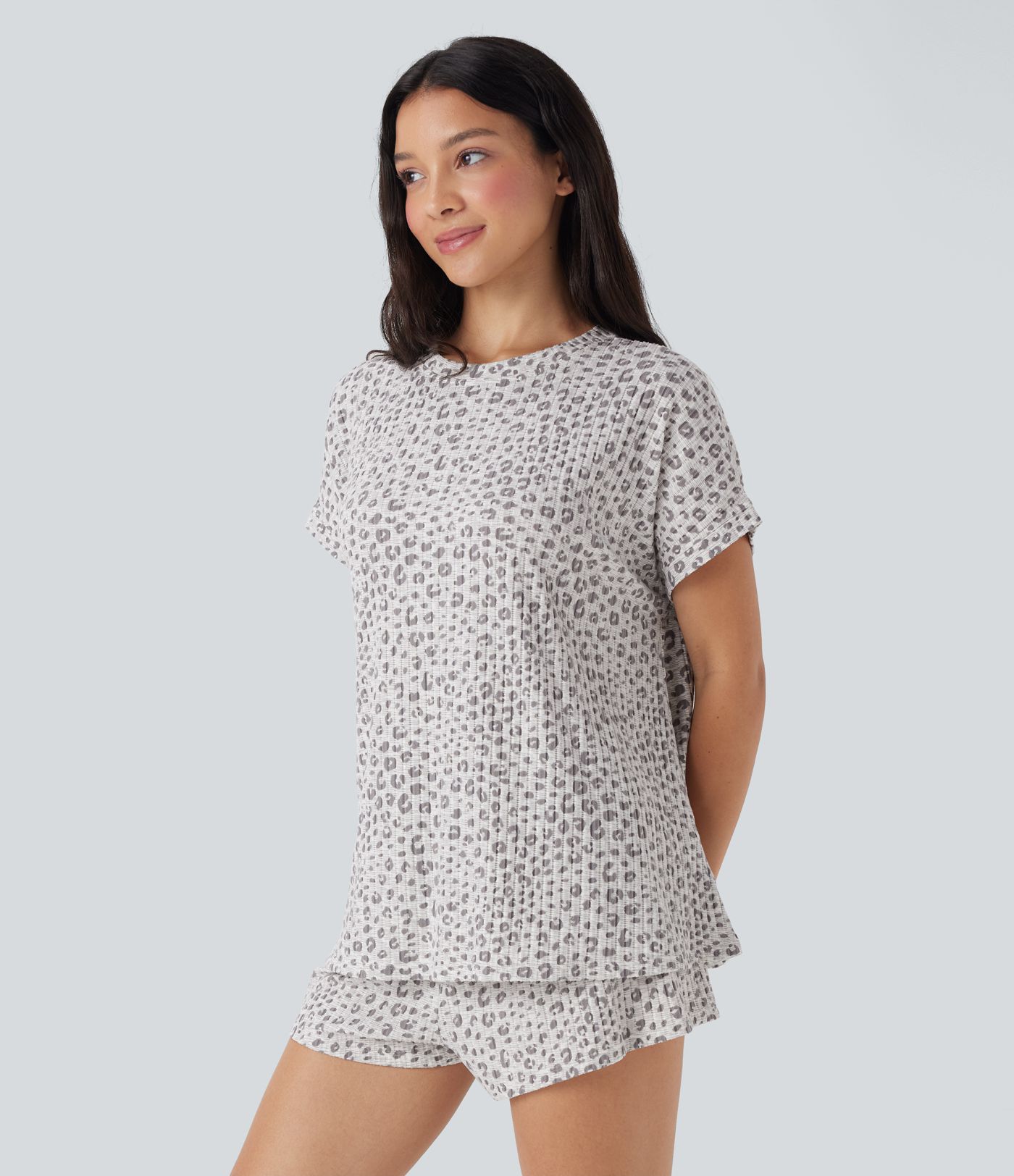 Round Neck Short Sleeve Leopard Print Lounge Top