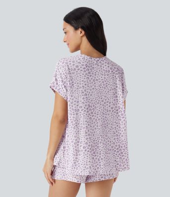 Lounge-Top mit Rundhalsausschnitt, kurzen Ärmeln und Leopardenmuster