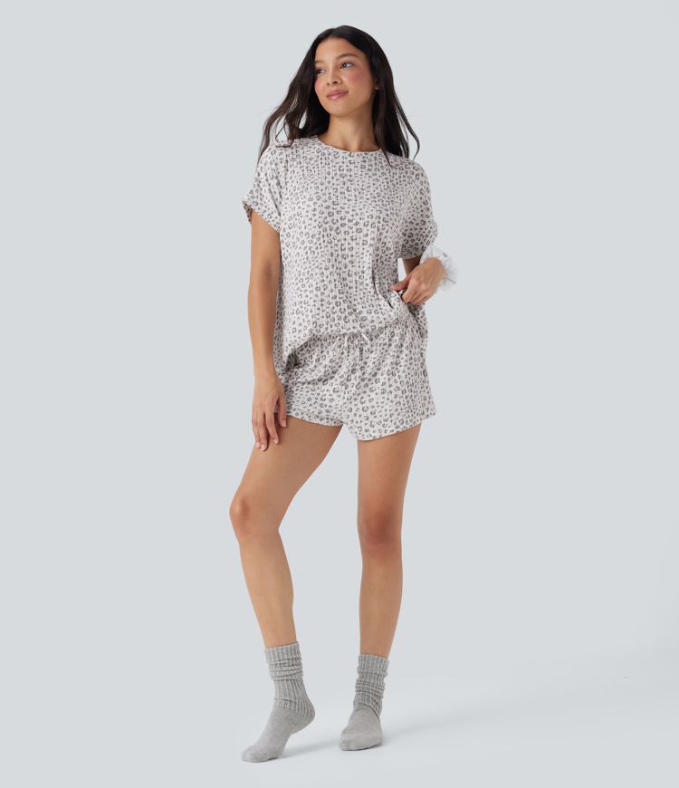 Round Neck Short Sleeve Leopard Print Lounge Top