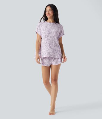 Lounge-Top mit Rundhalsausschnitt, kurzen Ärmeln und Leopardenmuster