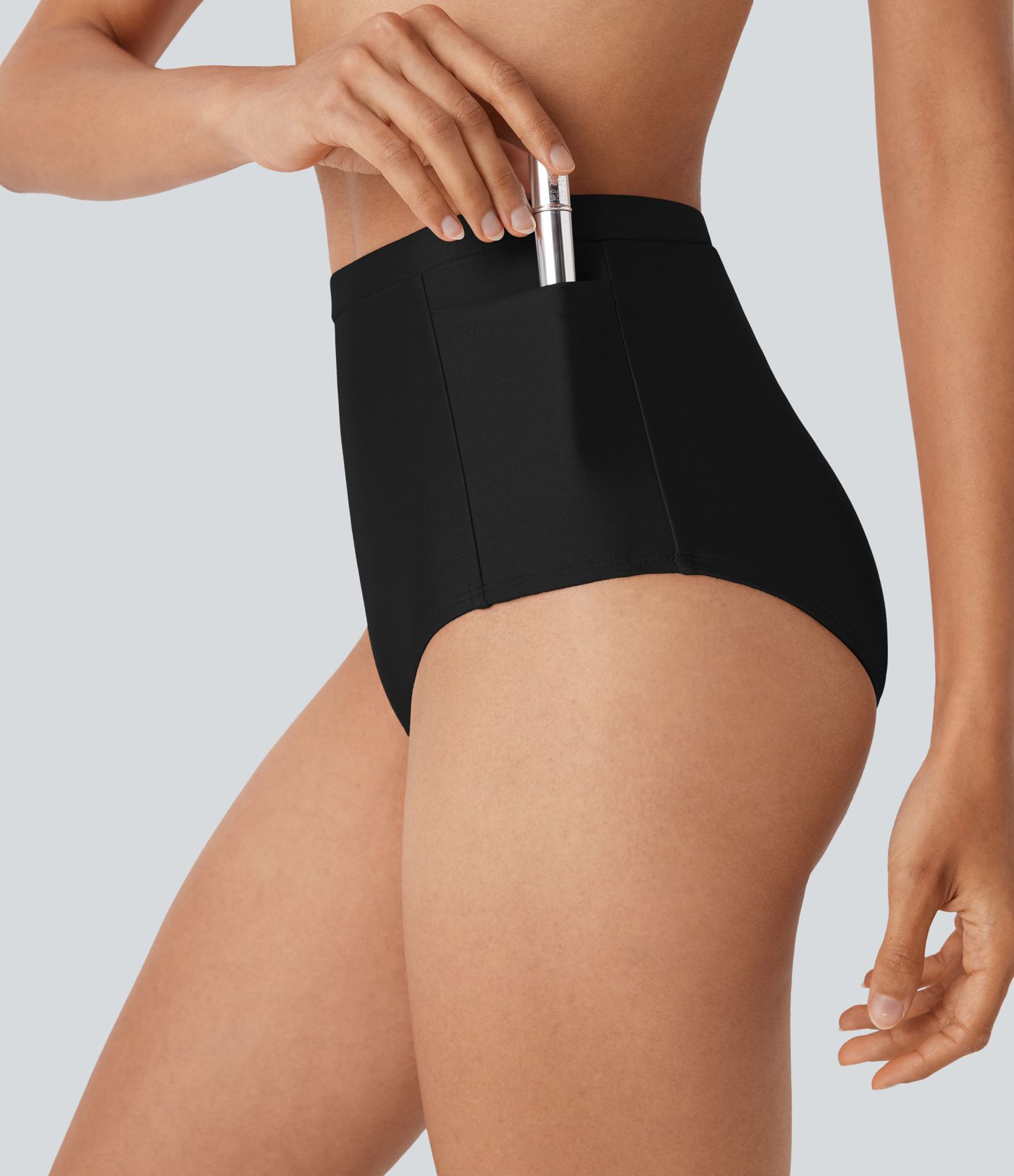 Lesklé bikinové nohavičky s vysokým pásom, tvarujúce brucho, s vreckami