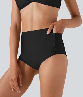 Lesklé bikinové nohavičky s vysokým pásom, tvarujúce brucho, s vreckami