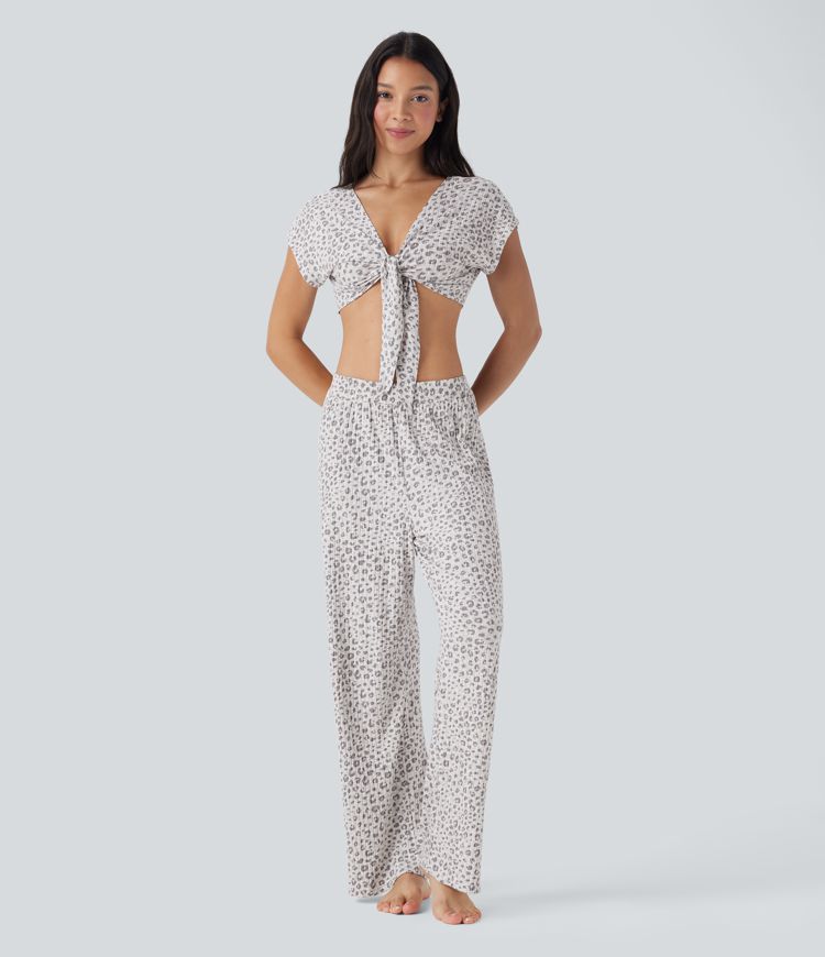 Pantalon détente large fluide taille haute imprimé léopard