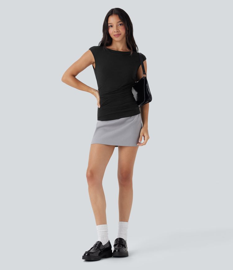 Boat Neck Cap Sleeve Ruched Casual Top