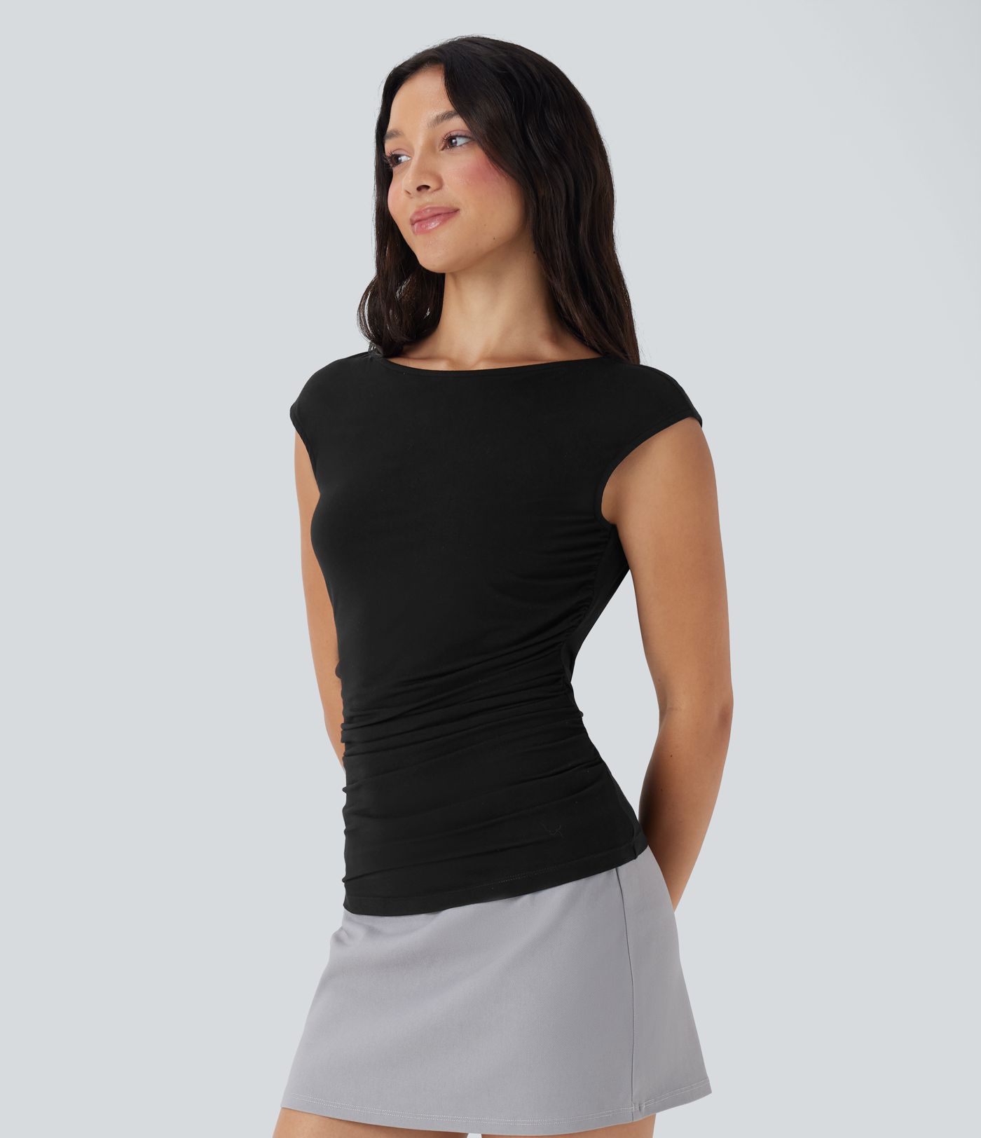 Boat Neck Cap Sleeve Ruched Casual Top