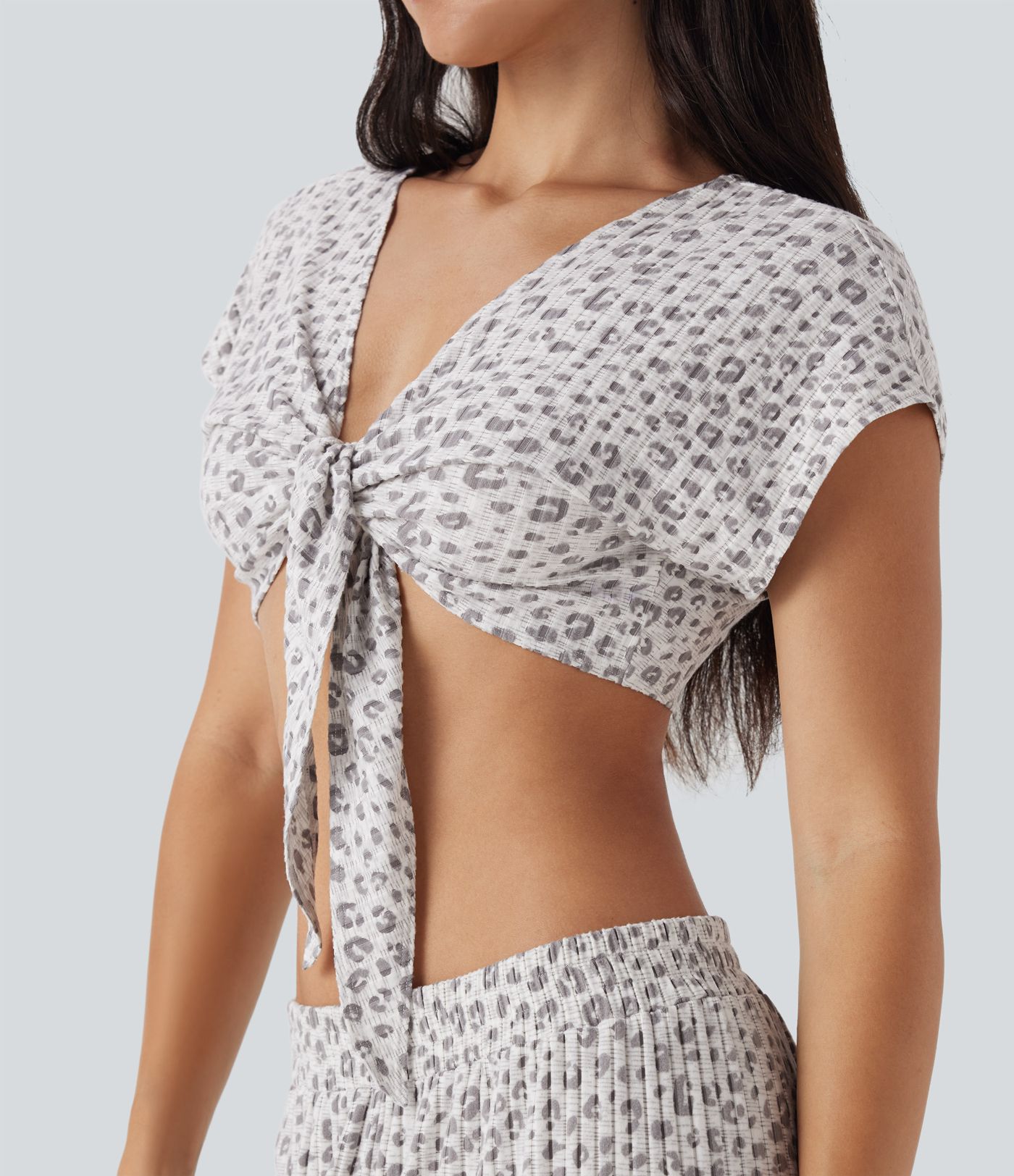 Tie Front Short Sleeve Leopard Print Cropped Lounge Top