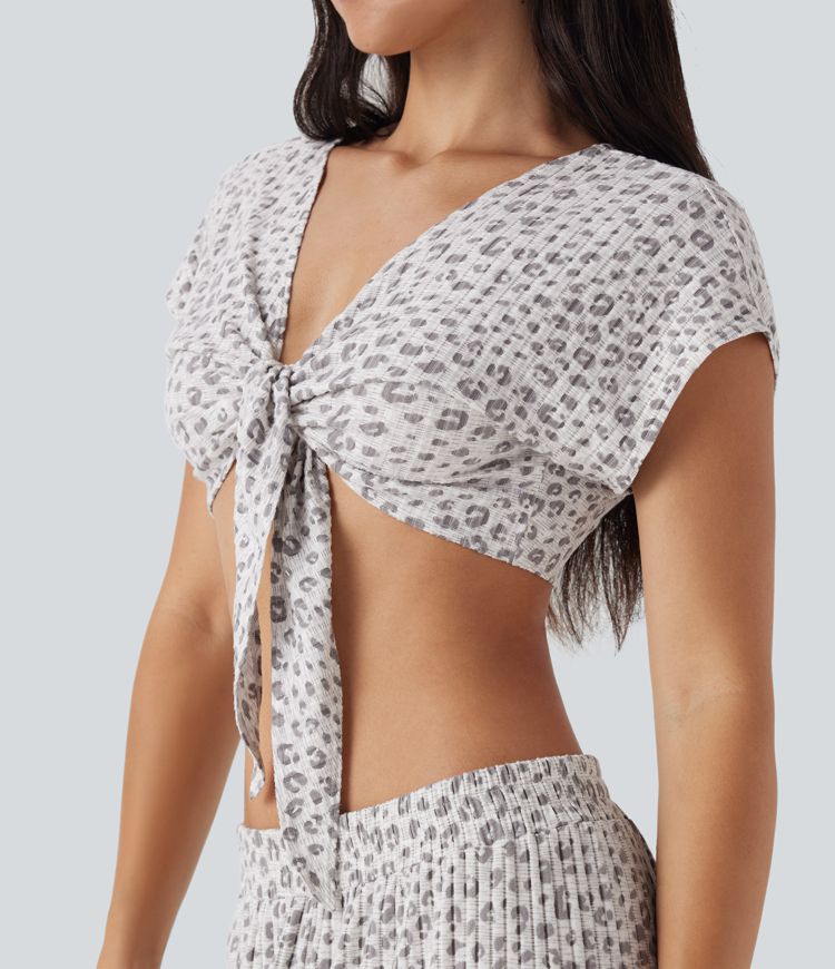 Tie Front Short Sleeve Leopard Print Cropped Lounge Top