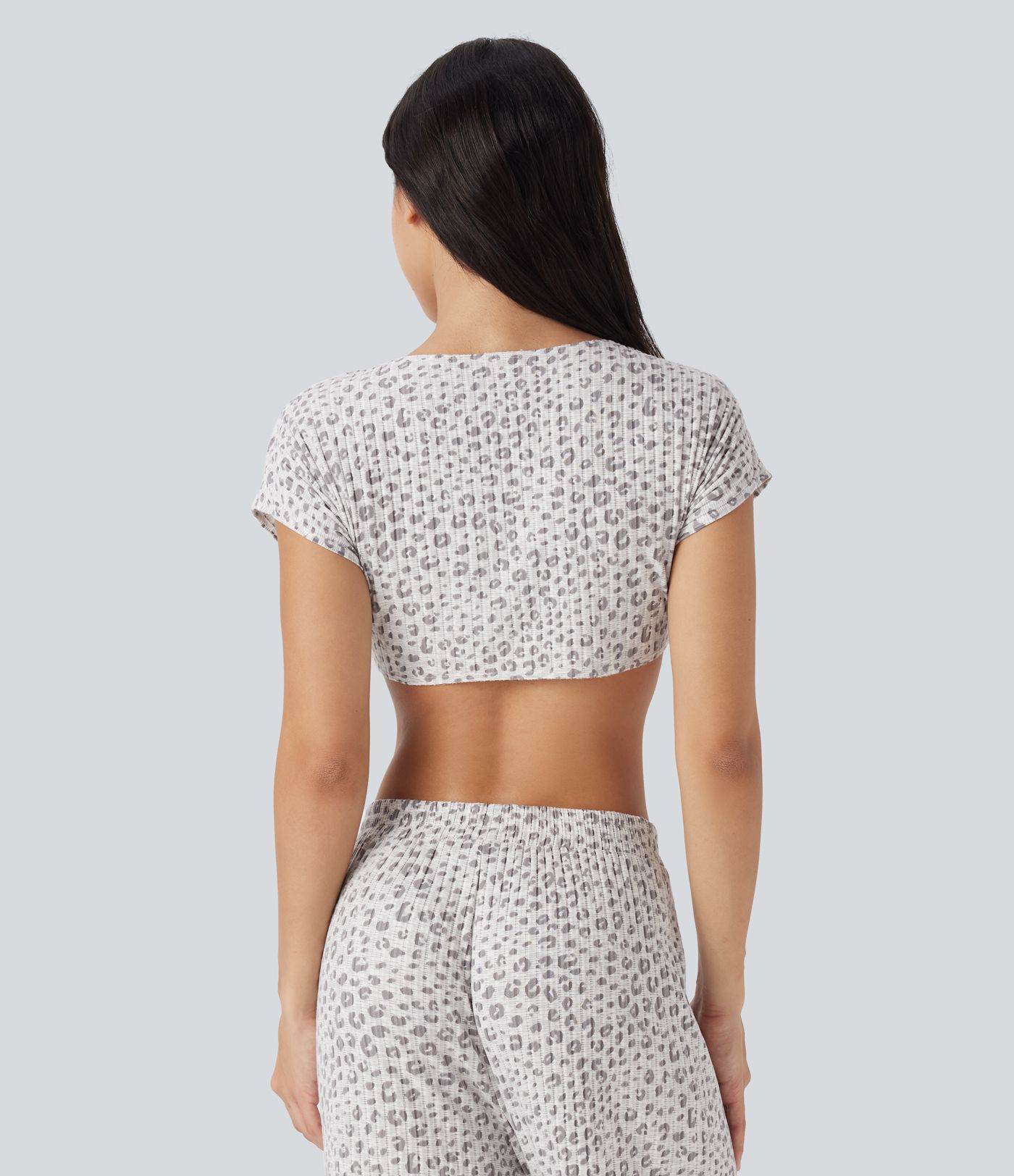 Tie Front Short Sleeve Leopard Print Cropped Lounge Top