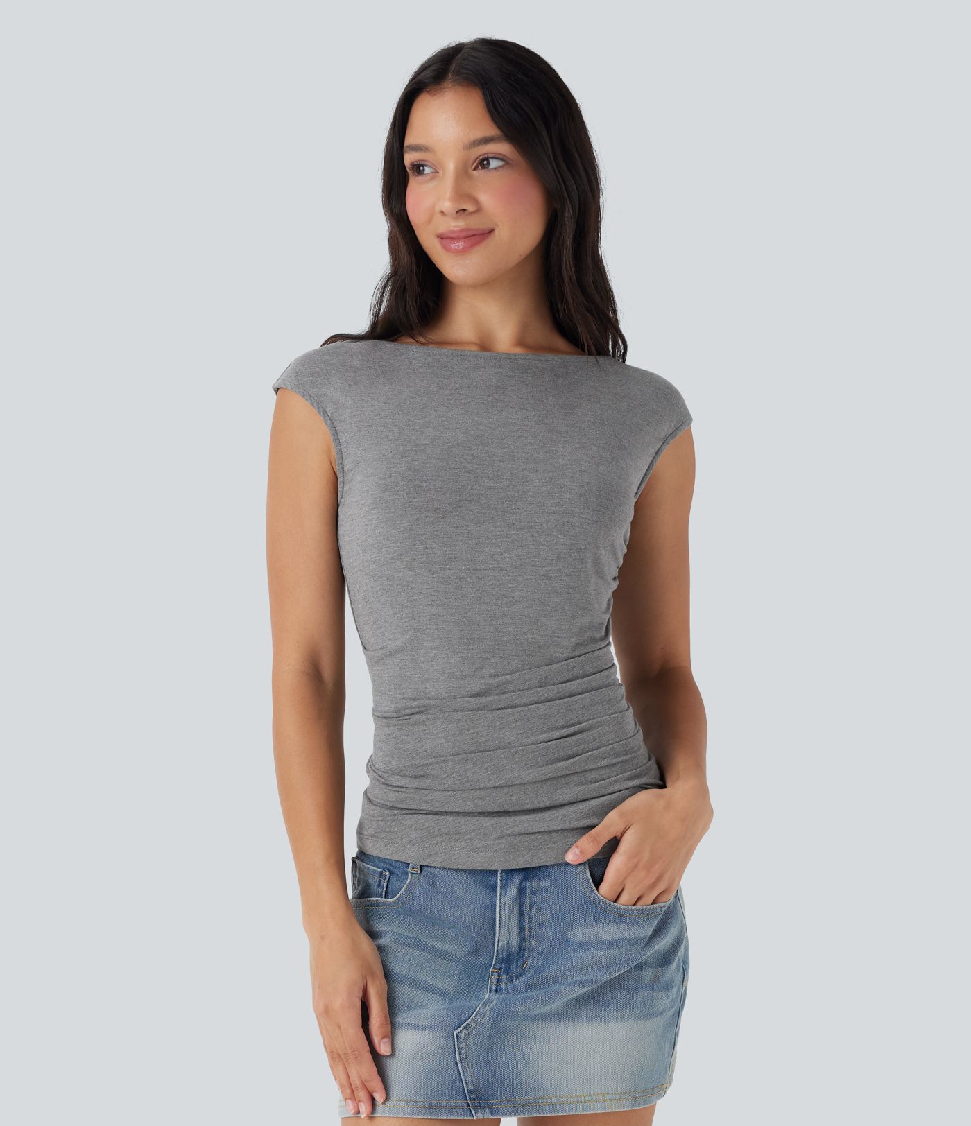 Boat Neck Cap Sleeve Ruched Casual Top