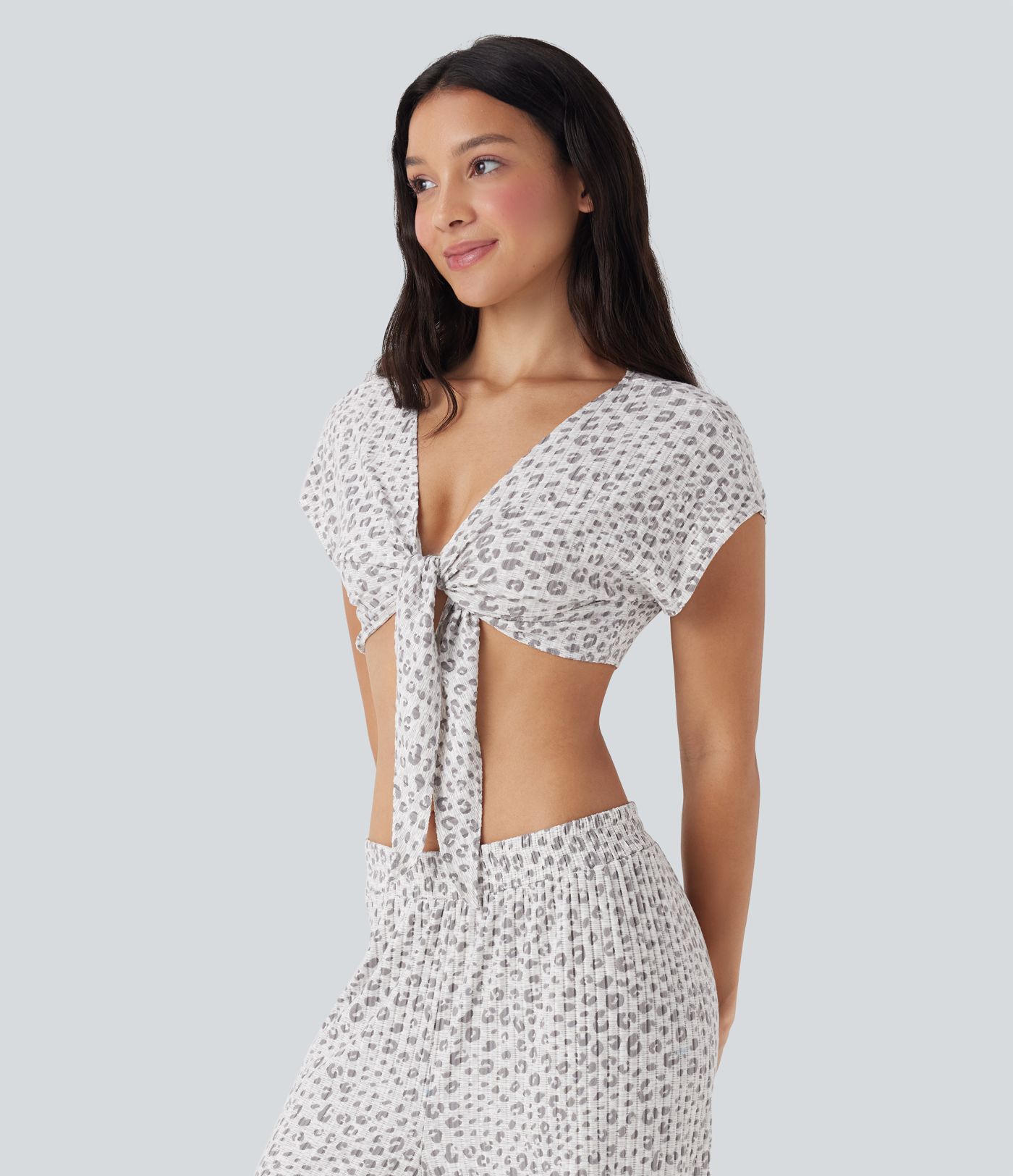 Tie Front Short Sleeve Leopard Print Cropped Lounge Top