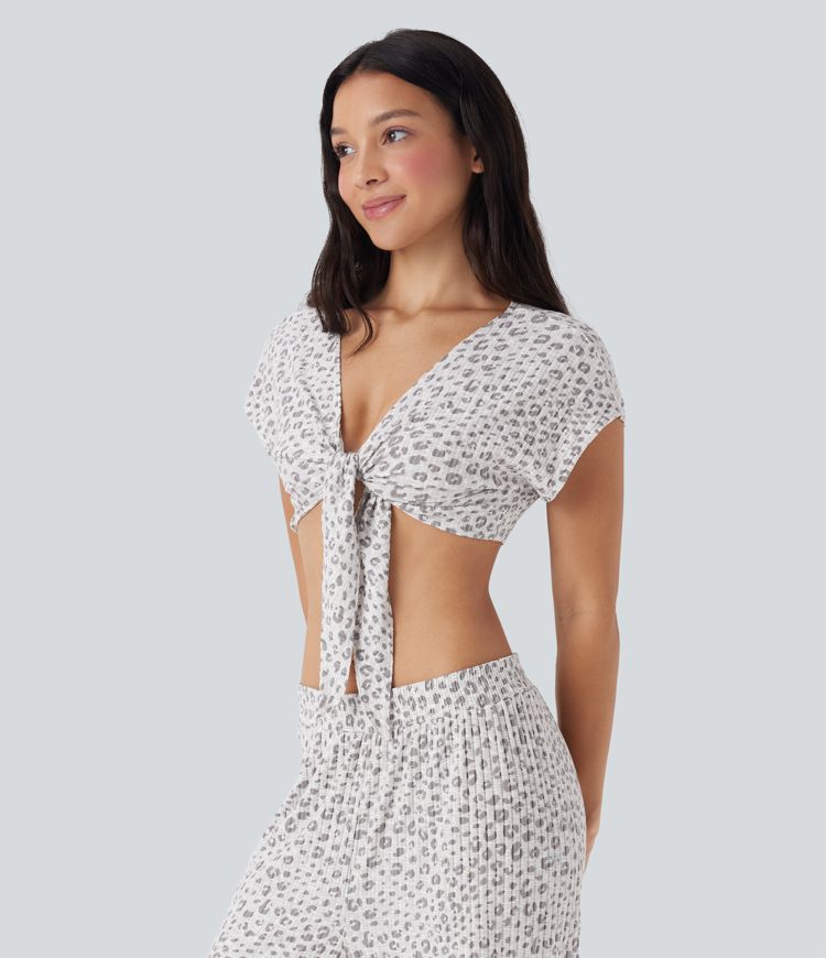 Tie Front Short Sleeve Leopard Print Cropped Lounge Top