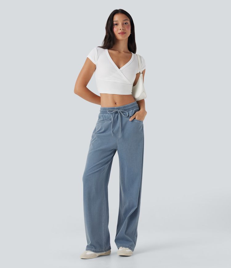 Halara Flex™ High Waisted Drawstring Wide Leg Cool Touch Stretchy Knit Casual Sweatpants Jeans with Pockets