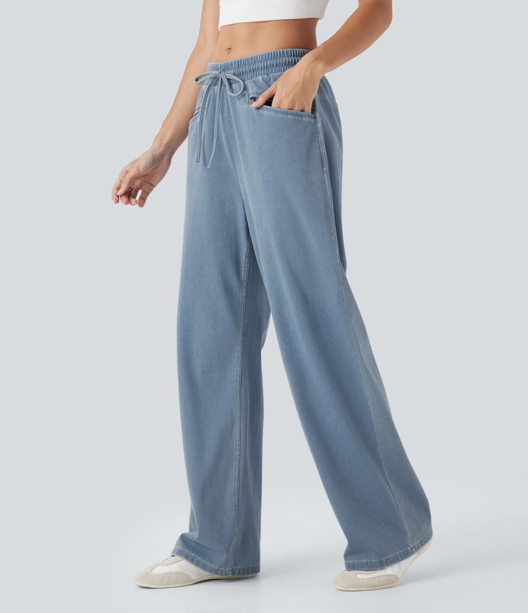 Halara Flex™ High Waisted Drawstring Wide Leg Cool Touch Stretchy Knit Casual Sweatpants Jeans with Pockets